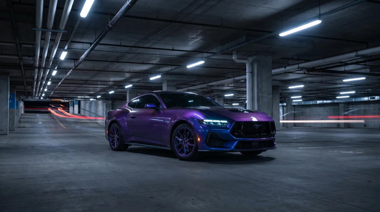 Ford Mustang GT with purple to blue color shift vinyl wrap in Oklahoma City